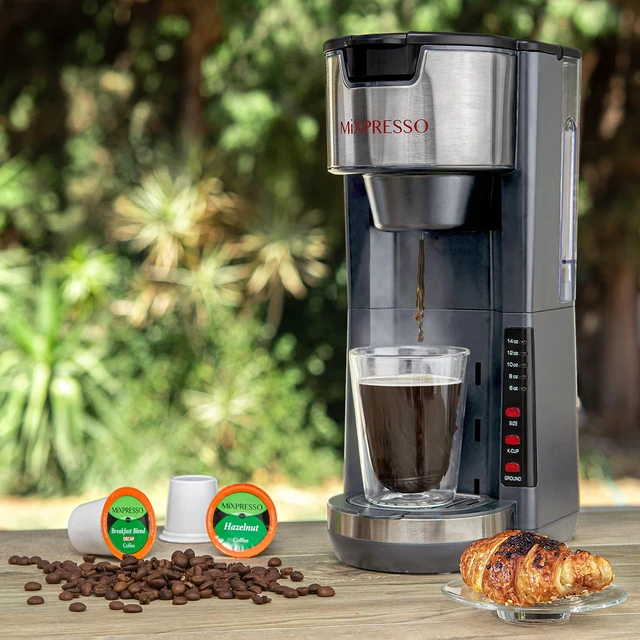 Alt view image 6 of 7 - Mixpresso Gray Single Serve Coffee Brewer K-Cup Pods Compatible & Ground | 30 oz Compact Coffee Maker Single Serve With 5 Brew Sizes Up To 14 Oz, Fits Travel Mug, Adjustable Drip Tray
