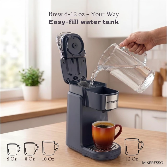 Alt view image 3 of 7 - Mixpresso Single Serve Coffee Maker K Cup Coffee Maker for K Pods & Grounds | Compact 800W Gray Coffee Machine with 12 Oz Water Tank, Fast Brew & Auto Shut-Off, Small Design for Travel, Office