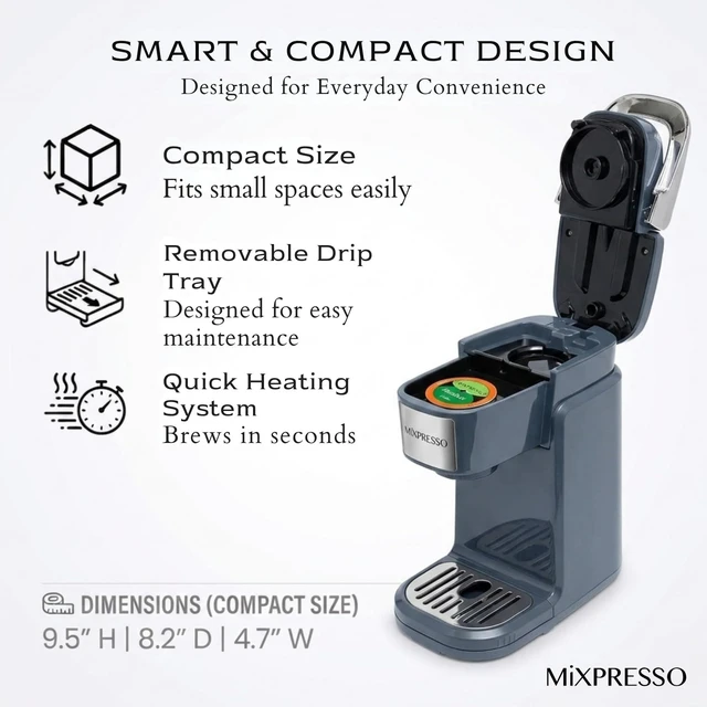 Alt view image 7 of 7 - Mixpresso Single Serve Coffee Maker K Cup Coffee Maker for K Pods & Grounds | Compact 800W Gray Coffee Machine with 12 Oz Water Tank, Fast Brew & Auto Shut-Off, Small Design for Travel, Office