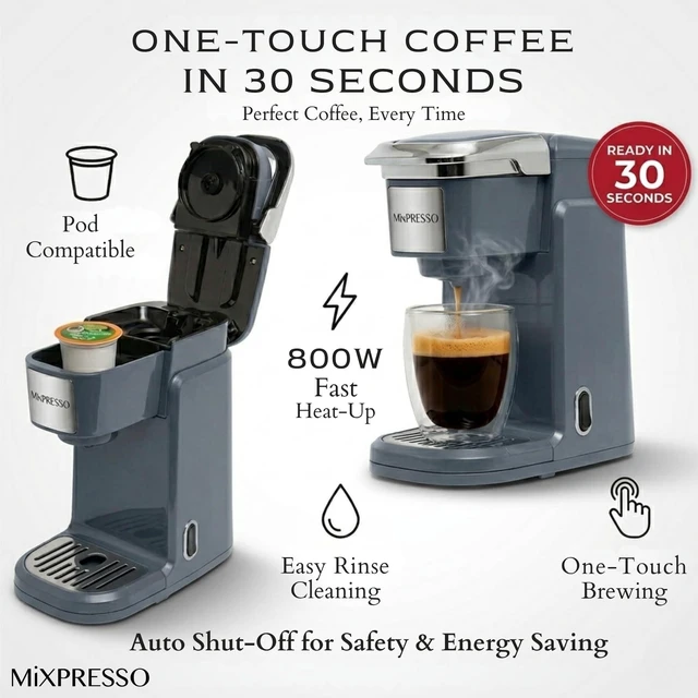 Alt view image 5 of 7 - Mixpresso Single Serve Coffee Maker K Cup Coffee Maker for K Pods & Grounds | Compact 800W Gray Coffee Machine with 12 Oz Water Tank, Fast Brew & Auto Shut-Off, Small Design for Travel, Office