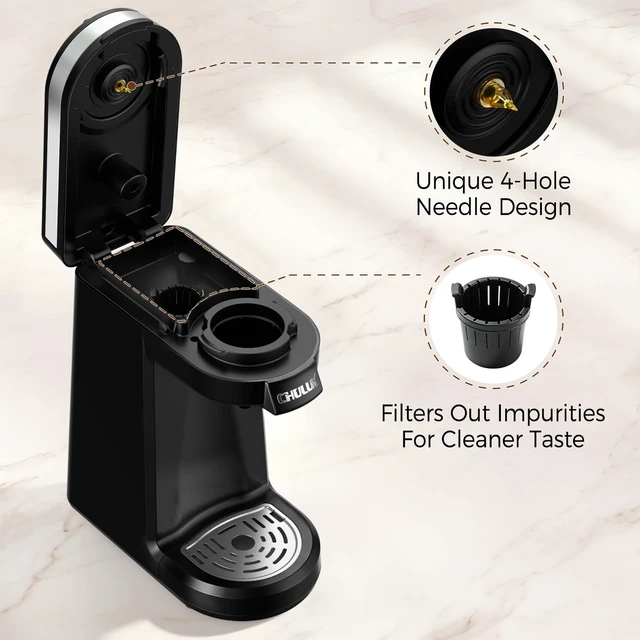 Alt view image 6 of 7 - CHULUX Single Serve Coffee Maker for K Cup Pod, Fast-Heating System, Black | Four-Hole Multi-Stream Needle, Single Cup Brewing, Portable Compact Design, Adjustable Drip Tray, Food Grade Material
