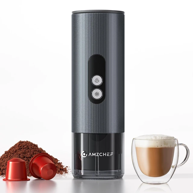 Main image of AMZCHEF Portable Coffee Maker, Rechargeable 2-in-1 Single Serve Brewer | Self-Heating Espresso Maker for Ground Coffee and NS Capsules, Aluminum Body for Travel, Camping and Car Trips, Silver Gray