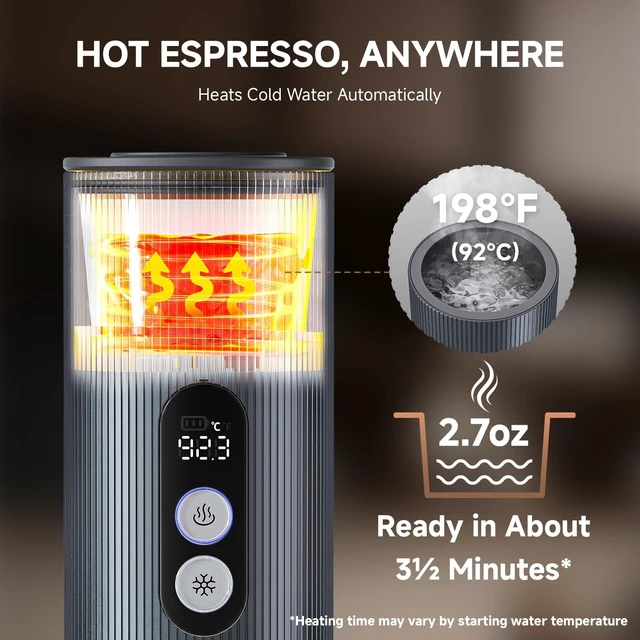 Alt view image 3 of 7 - AMZCHEF Portable Coffee Maker, Rechargeable 2-in-1 Single Serve Brewer | Self-Heating Espresso Maker for Ground Coffee and NS Capsules, Aluminum Body for Travel, Camping and Car Trips, Silver Gray