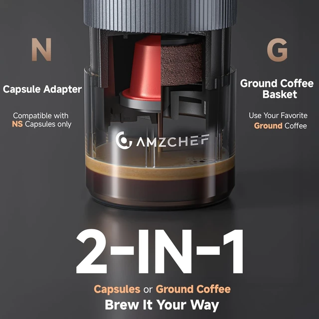 Alt view image 4 of 7 - AMZCHEF Portable Coffee Maker, Rechargeable 2-in-1 Single Serve Brewer | Self-Heating Espresso Maker for Ground Coffee and NS Capsules, Aluminum Body for Travel, Camping and Car Trips, Silver Gray