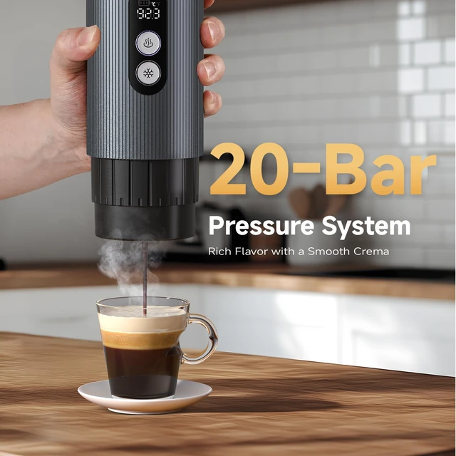 Alt view image 5 of 7 - AMZCHEF Portable Coffee Maker, Rechargeable 2-in-1 Single Serve Brewer | Self-Heating Espresso Maker for Ground Coffee and NS Capsules, Aluminum Body for Travel, Camping and Car Trips, Silver Gray
