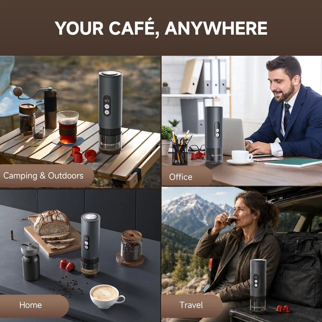 Alt view image 6 of 7 - AMZCHEF Portable Coffee Maker, Rechargeable 2-in-1 Single Serve Brewer | Self-Heating Espresso Maker for Ground Coffee and NS Capsules, Aluminum Body for Travel, Camping and Car Trips, Silver Gray