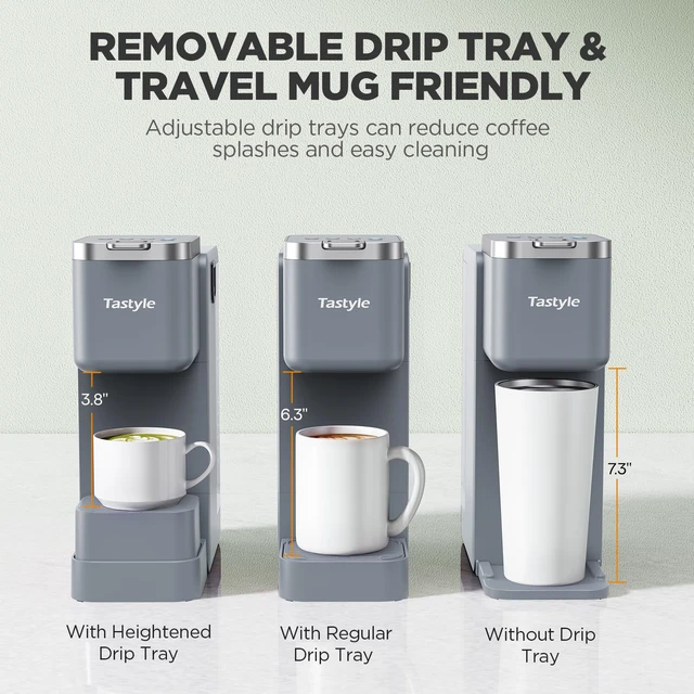 Alt view image 5 of 7 - Tastyle Single Serve Coffee Maker with Built-in Detachable Milk Frother | For K Cups & Grounds, 6 Brew Sizes, 40oz Removable Water Tank, 2 Drip Trays, BPA Free, Fits 7.3" Travel Mug, K330MF, Gray