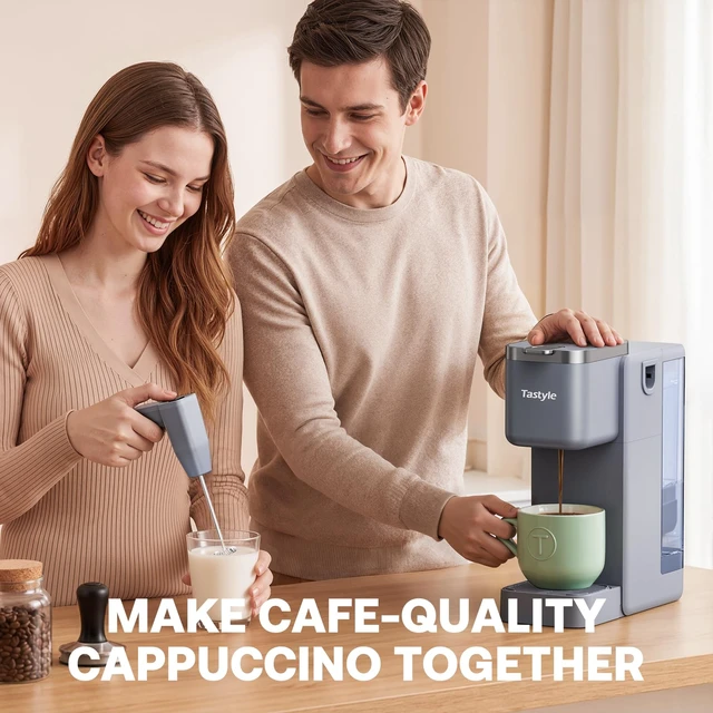Alt view image 7 of 7 - Tastyle Single Serve Coffee Maker with Built-in Detachable Milk Frother | For K Cups & Grounds, 6 Brew Sizes, 40oz Removable Water Tank, 2 Drip Trays, BPA Free, Fits 7.3" Travel Mug, K330MF, Gray