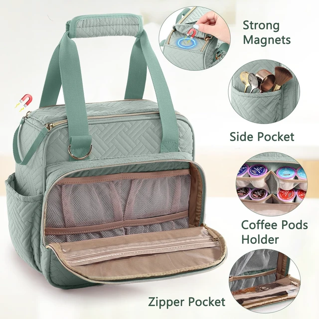 Alt view image 3 of 7 - BAGSPRITE Coffee Maker Travel Bag Compatible with Keurig K-Mini Mate | Full-open quilted padded carrying case for K-Cup single serve coffee maker with pod organizer and mug pockets