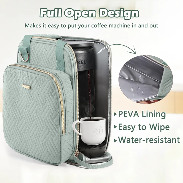 Alt view image 4 of 7 - BAGSPRITE Coffee Maker Travel Bag Compatible with Keurig K-Mini Mate | Full-open quilted padded carrying case for K-Cup single serve coffee maker with pod organizer and mug pockets