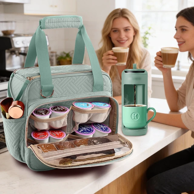 Alt view image 6 of 7 - BAGSPRITE Coffee Maker Travel Bag Compatible with Keurig K-Mini Mate | Full-open quilted padded carrying case for K-Cup single serve coffee maker with pod organizer and mug pockets