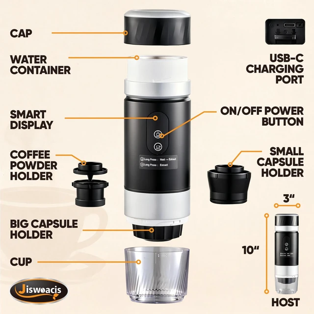 Alt view image 4 of 6 - Portable Espresso Machine 20 Bar, 3-in-1 Self-Heating Mini Coffee Maker with Rechargeable Battery & USB-C, Compatible with Ground Coffee, NS & DG Capsules, Travel Coffee Maker for Car Camping Hiking