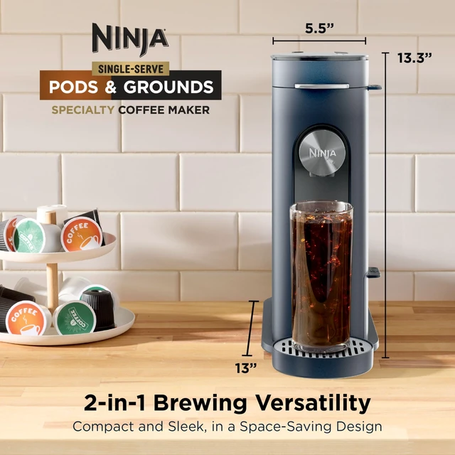 Alt view image 2 of 7 - Ninja Pods & Grounds Iced Coffee Maker, K-Cup Pod Compatible, Navy, PB041NV | Single-Serve, Brews Grounds, Compact Design, 56-oz. Reservoir, 6-oz. Cup to 24-oz. Travel Mug Brew Sizes