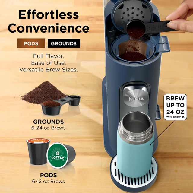 Alt view image 3 of 7 - Ninja Pods & Grounds Iced Coffee Maker, K-Cup Pod Compatible, Navy, PB041NV | Single-Serve, Brews Grounds, Compact Design, 56-oz. Reservoir, 6-oz. Cup to 24-oz. Travel Mug Brew Sizes