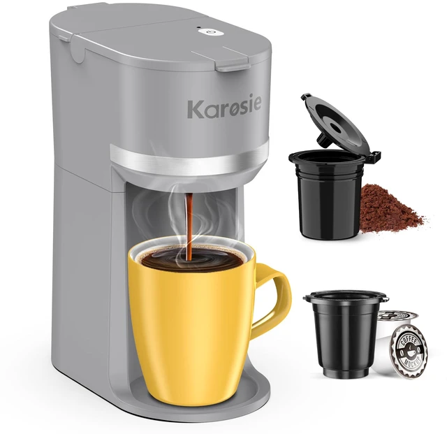 Main image of Karosie Single Serve Coffee Maker for K-Cup and Ground Coffee,Fast Brew,6-12 oz Brew Sizes One Cup Coffee Machine Fits 5.5" Mugs,One-Button Coffee Maker with Descaling Reminder,Grey,9.45 Inches