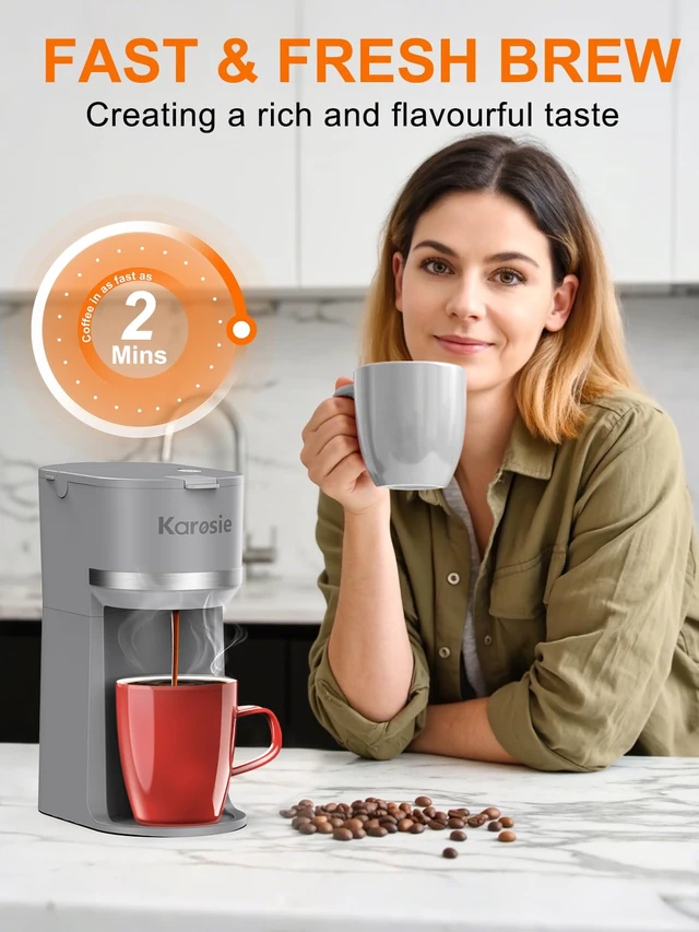 Alt view image 3 of 7 - Karosie Single Serve Coffee Maker for K-Cup and Ground Coffee,Fast Brew,6-12 oz Brew Sizes One Cup Coffee Machine Fits 5.5" Mugs,One-Button Coffee Maker with Descaling Reminder,Grey,9.45 Inches