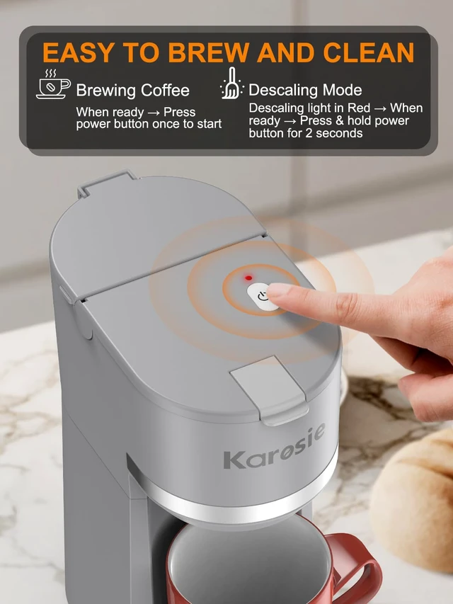 Alt view image 5 of 7 - Karosie Single Serve Coffee Maker for K-Cup and Ground Coffee,Fast Brew,6-12 oz Brew Sizes One Cup Coffee Machine Fits 5.5" Mugs,One-Button Coffee Maker with Descaling Reminder,Grey,9.45 Inches
