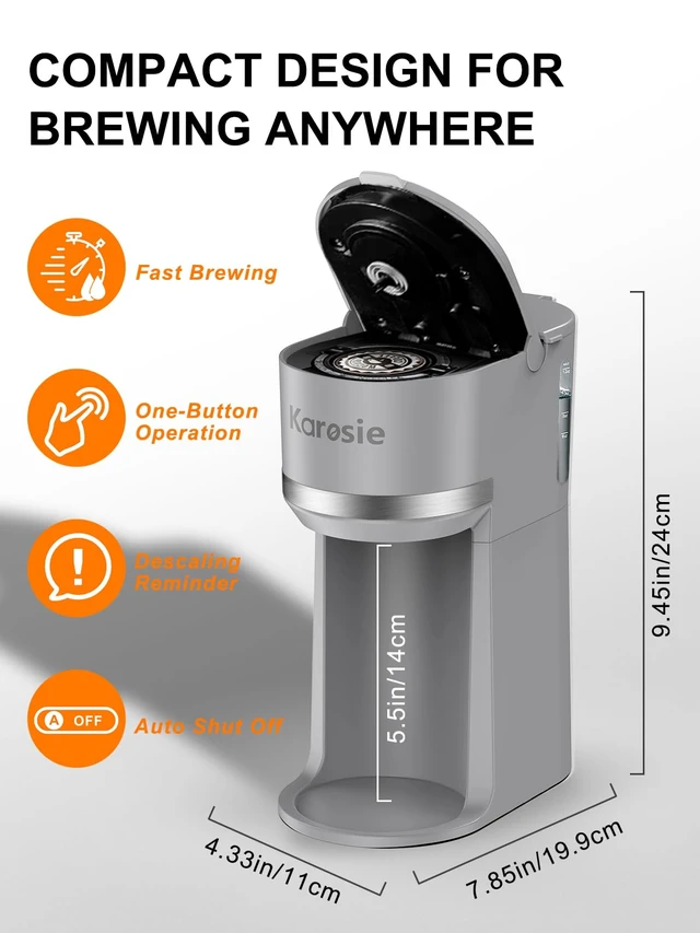Alt view image 6 of 7 - Karosie Single Serve Coffee Maker for K-Cup and Ground Coffee,Fast Brew,6-12 oz Brew Sizes One Cup Coffee Machine Fits 5.5" Mugs,One-Button Coffee Maker with Descaling Reminder,Grey,9.45 Inches