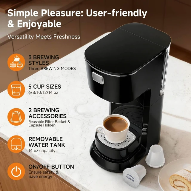 Alt view image 2 of 7 - Kozeewarm Coffee Maker, Single Serve Brewer for K Pods & Ground-Black | 2 in 1, 6-14oz and 2-4 Mins Rapid Brew, Compact Coffee Machine for Kitchen Office RV Camping