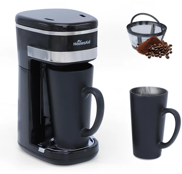 Main image of HousesAid Single Serve Coffee Maker, 15oz Portable One Cup Coffee Brewer | With Reusable Filter, One-touch Control Button, Easy To Clean & Store, 15oz/450ml,Ideal for Home, Camping and Travel