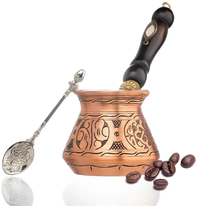Main image of 12 Oz Copper Turkish Greek Arabic Coffee Pot with Copper Handle - Cezve Ibrik Briki Stovetop Coffee Maker (Includes Copper Spoon) (4 servings)
