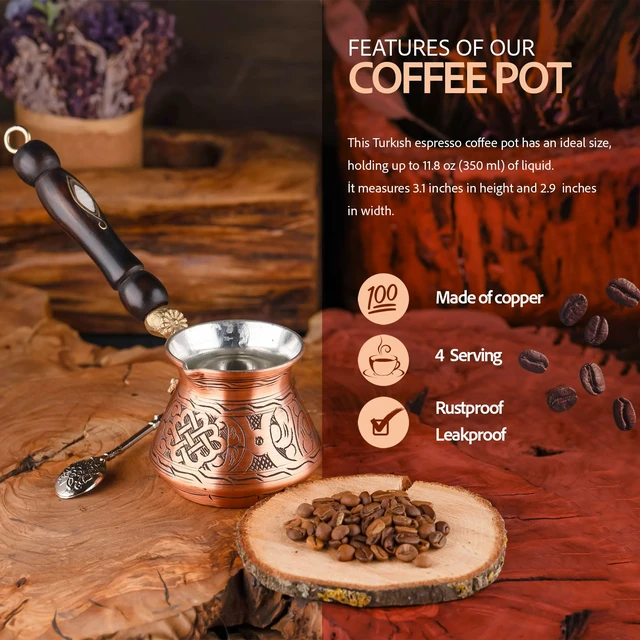 Alt view image 2 of 6 - 12 Oz Copper Turkish Greek Arabic Coffee Pot with Copper Handle - Cezve Ibrik Briki Stovetop Coffee Maker (Includes Copper Spoon) (4 servings)