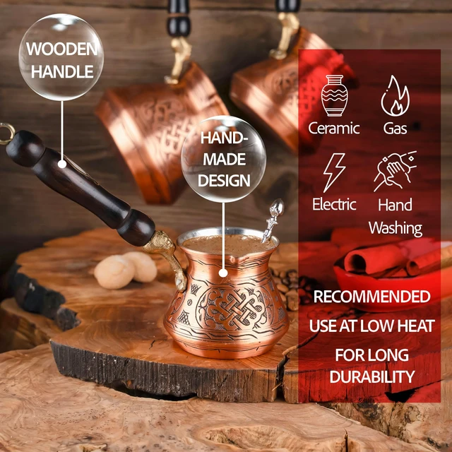 Alt view image 4 of 6 - 12 Oz Copper Turkish Greek Arabic Coffee Pot with Copper Handle - Cezve Ibrik Briki Stovetop Coffee Maker (Includes Copper Spoon) (4 servings)