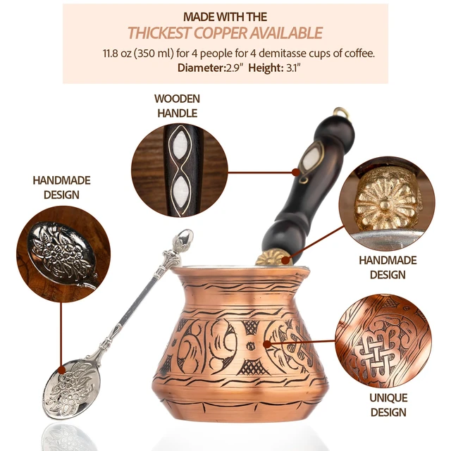 Alt view image 3 of 6 - 12 Oz Copper Turkish Greek Arabic Coffee Pot with Copper Handle - Cezve Ibrik Briki Stovetop Coffee Maker (Includes Copper Spoon) (4 servings)