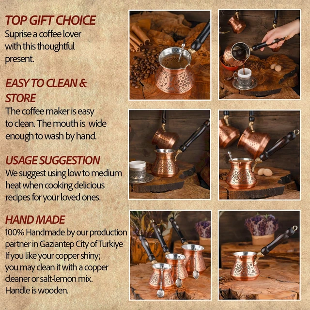 Alt view image 6 of 6 - 12 Oz Copper Turkish Greek Arabic Coffee Pot with Copper Handle - Cezve Ibrik Briki Stovetop Coffee Maker (Includes Copper Spoon) (4 servings)