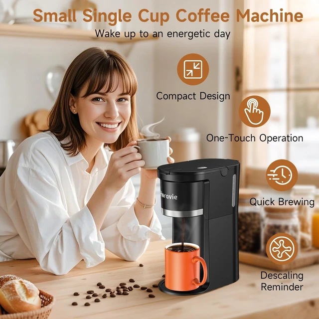 Alt view image 2 of 7 - Small Single Serve Coffee Maker, One Cup Coffee Machine for K-Cup & Grounds | Portable Pod Coffee Maker, Fast Brew, 6 to 12 oz. Brew Sizes, One Button Design, Easy for Elder to Use, Space Saving