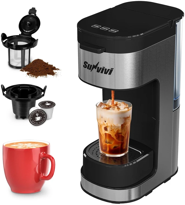 Main image of SUNVIVIPRO 3-in-1 Single Serve Coffee Machine Brewer for K Pod Pods, Ground Coffee, and Teas, Iced Coffee Maker with Removable Water Reservoir 6 to 14oz, 2 Cup Trays, Self-Cleaning Function - Black