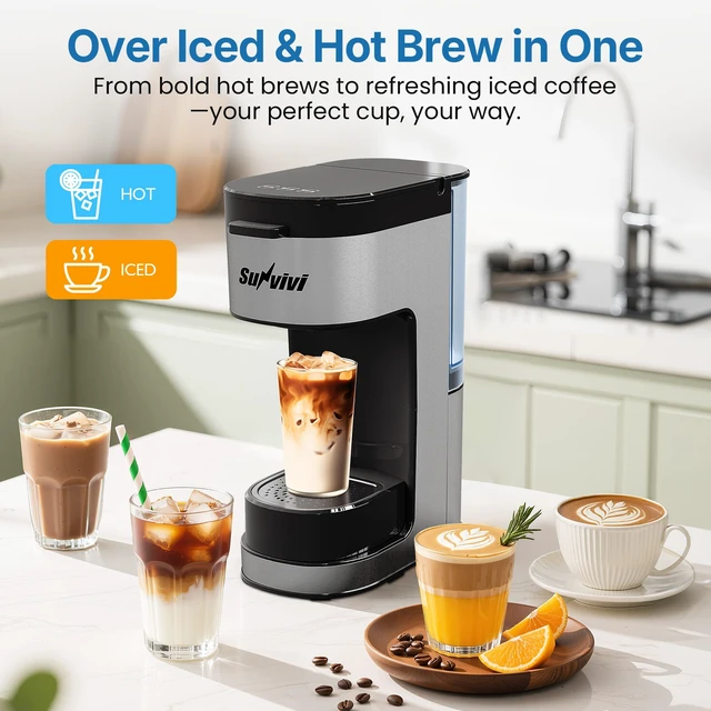 Alt view image 2 of 7 - SUNVIVIPRO 3-in-1 Single Serve Coffee Machine Brewer for K Pod Pods, Ground Coffee, and Teas, Iced Coffee Maker with Removable Water Reservoir 6 to 14oz, 2 Cup Trays, Self-Cleaning Function - Black