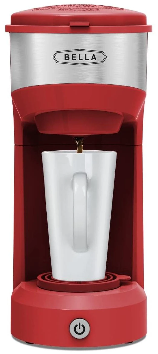 Main image of BELLA Dual Brew Single Serve Coffee Maker, Brews both Kcup and Ground Coffee, Large 14oz Capacity, Easy One Touch, Auto Shutoff, Red