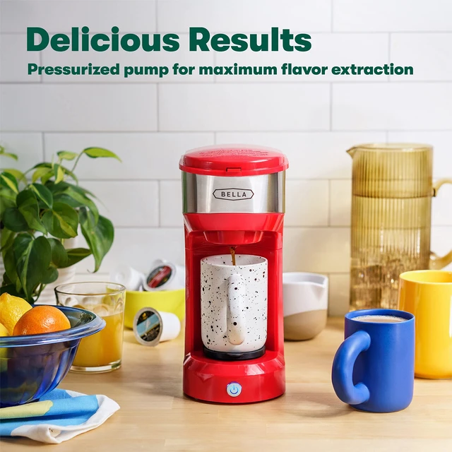 Alt view image 2 of 5 - BELLA Dual Brew Single Serve Coffee Maker, Brews both Kcup and Ground Coffee, Large 14oz Capacity, Easy One Touch, Auto Shutoff, Red