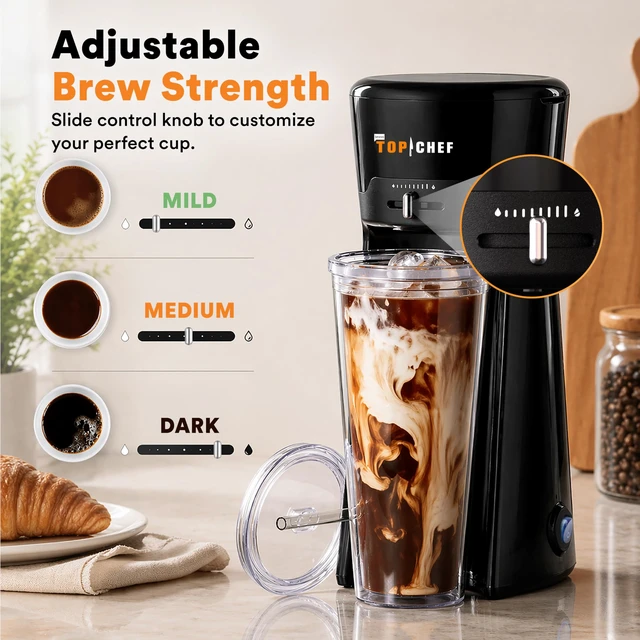 Alt view image 5 of 6 - COMP TRADING Top Chef 20oz Personal Iced Coffee and Tea Maker with Insulated Tumbler, Reusable Straw, Adjustable Brew Strength, Compact Single-Serve Brewer for Coffee, Tea, Cold Brew