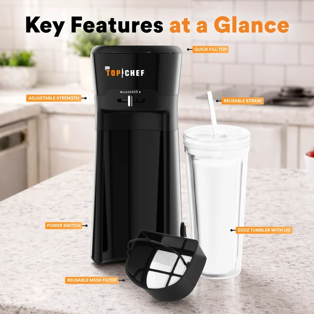Alt view image 6 of 6 - COMP TRADING Top Chef 20oz Personal Iced Coffee and Tea Maker with Insulated Tumbler, Reusable Straw, Adjustable Brew Strength, Compact Single-Serve Brewer for Coffee, Tea, Cold Brew