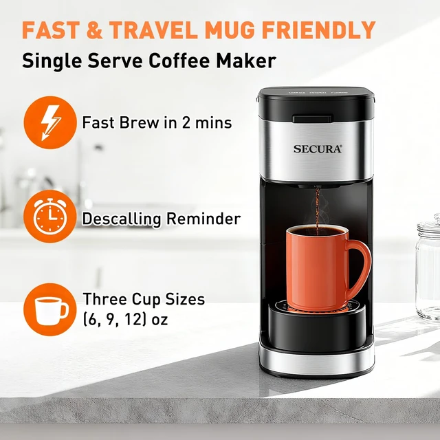 Alt view image 4 of 7 - Secura Single Serve Coffee Maker K Cup and Ground 2-In-1 Coffee Maker with 3 Brew Modes, Removable Reservoir & Drip Tray, 6 to 12 Oz Brew Sizes