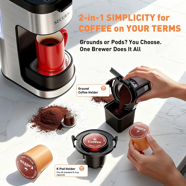 Alt view image 3 of 7 - Secura Single Serve Coffee Maker K Cup and Ground 2-In-1 Coffee Maker with 3 Brew Modes, Removable Reservoir & Drip Tray, 6 to 12 Oz Brew Sizes