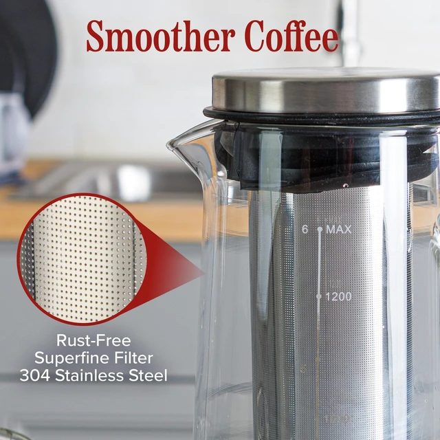 Alt view image 2 of 7 - Cold Brew Coffee Maker Pitcher - 1.4L/48oz Glass Carafe with Lid and Spout and Removable Stainless Steel Filter - Cold Brew Maker and Iced Tea Pitcher for Fridge by Classic Cuisine