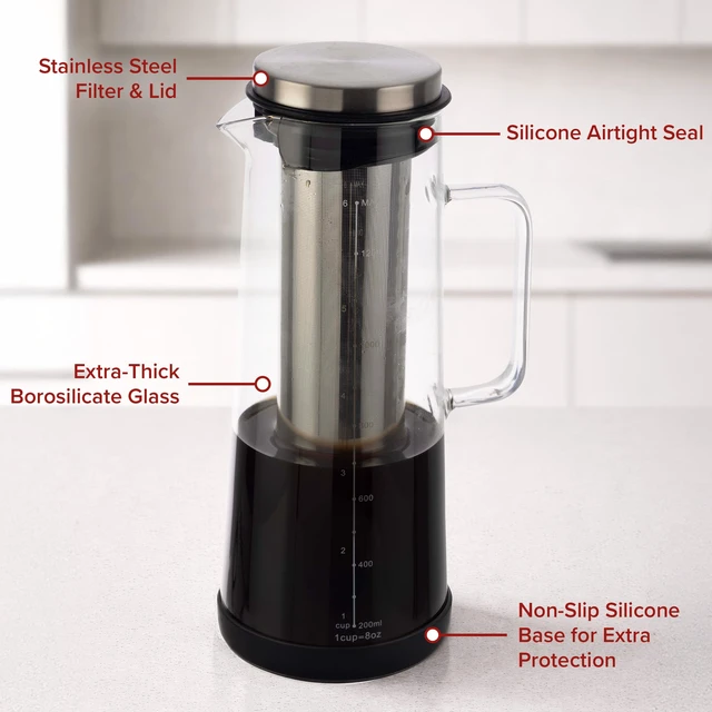 Alt view image 3 of 7 - Cold Brew Coffee Maker Pitcher - 1.4L/48oz Glass Carafe with Lid and Spout and Removable Stainless Steel Filter - Cold Brew Maker and Iced Tea Pitcher for Fridge by Classic Cuisine