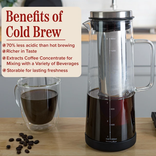 Alt view image 4 of 7 - Cold Brew Coffee Maker Pitcher - 1.4L/48oz Glass Carafe with Lid and Spout and Removable Stainless Steel Filter - Cold Brew Maker and Iced Tea Pitcher for Fridge by Classic Cuisine