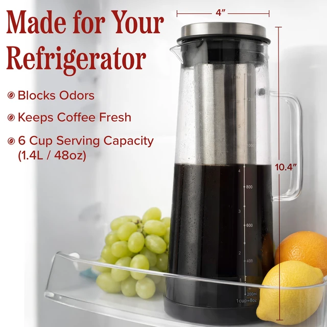 Alt view image 6 of 7 - Cold Brew Coffee Maker Pitcher - 1.4L/48oz Glass Carafe with Lid and Spout and Removable Stainless Steel Filter - Cold Brew Maker and Iced Tea Pitcher for Fridge by Classic Cuisine