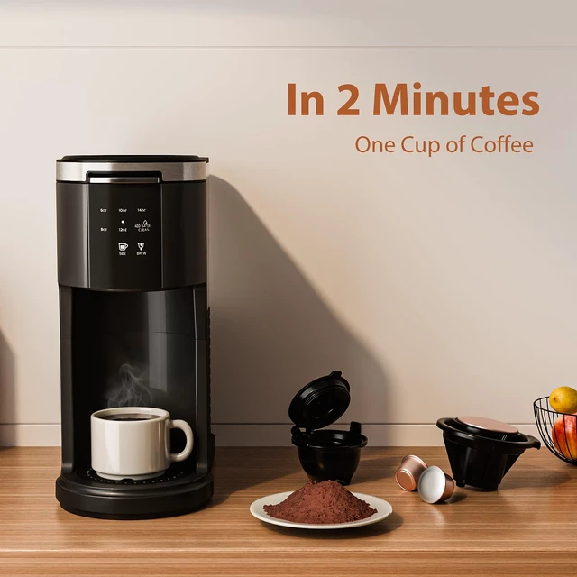 Alt view image 2 of 7 - WAA Single Serve Coffee Maker for Capsule & Ground Coffee | Fast Coffee Machine with Memory Function, 6 to 14 oz Brew Sizes, 40 oz Removable Water Tank for Home/Office/RV, Black