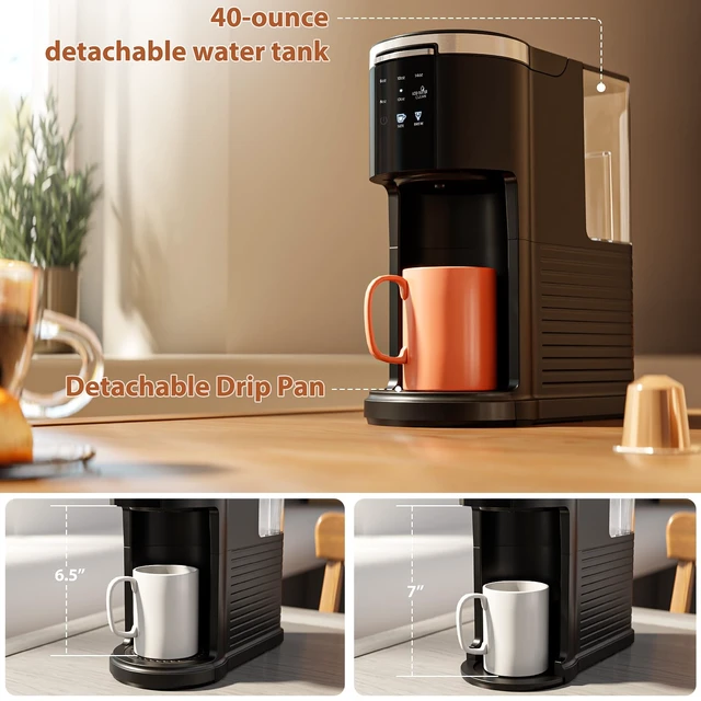 Alt view image 7 of 7 - WAA Single Serve Coffee Maker for Capsule & Ground Coffee | Fast Coffee Machine with Memory Function, 6 to 14 oz Brew Sizes, 40 oz Removable Water Tank for Home/Office/RV, Black