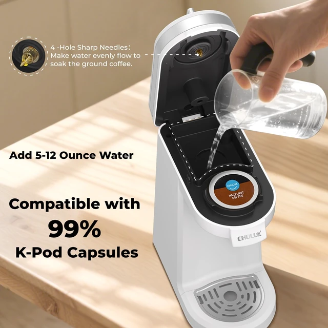 Alt view image 3 of 7 - CHULUX Mini Single Serve Coffee Maker, Portable Pod Coffee Machine, White | Fast-Heating Boiler System, Single Cup Brewing, Portable Compact Design, Four-Hole Multi-Stream Needle, Adjustable Drip Tray