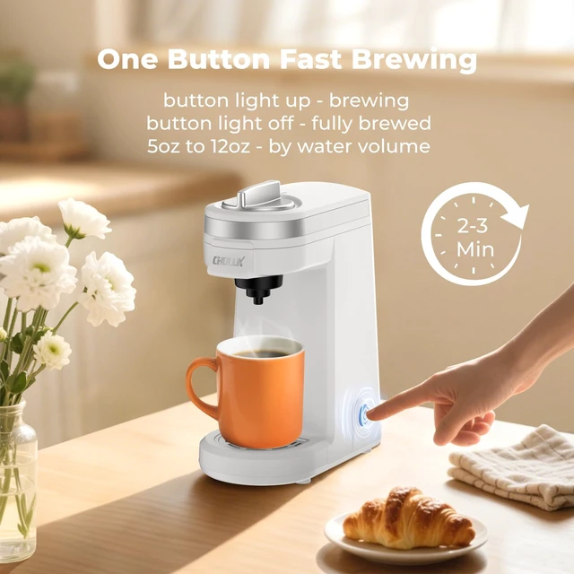 Alt view image 4 of 7 - CHULUX Mini Single Serve Coffee Maker, Portable Pod Coffee Machine, White | Fast-Heating Boiler System, Single Cup Brewing, Portable Compact Design, Four-Hole Multi-Stream Needle, Adjustable Drip Tray