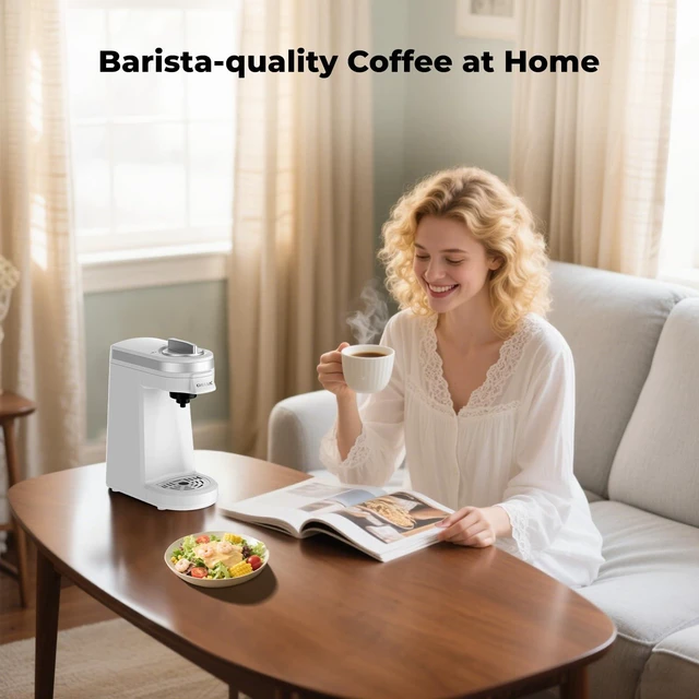 Alt view image 6 of 7 - CHULUX Mini Single Serve Coffee Maker, Portable Pod Coffee Machine, White | Fast-Heating Boiler System, Single Cup Brewing, Portable Compact Design, Four-Hole Multi-Stream Needle, Adjustable Drip Tray