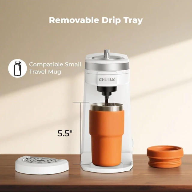 Alt view image 7 of 7 - CHULUX Mini Single Serve Coffee Maker, Portable Pod Coffee Machine, White | Fast-Heating Boiler System, Single Cup Brewing, Portable Compact Design, Four-Hole Multi-Stream Needle, Adjustable Drip Tray