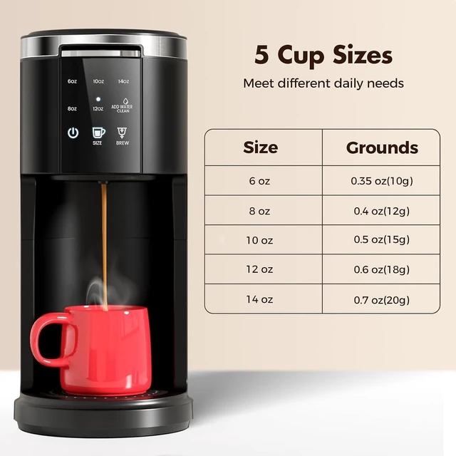 Alt view image 4 of 7 - Kismile Single Serve Coffee Maker, 2-in-1 Coffee Pod & Ground Brewer | 40oz Removable Water Tank, 5 Cup Sizes 6-14oz, Self-Cleaning, LCD Touch, Compact for Home Office Dorm Travel, Black