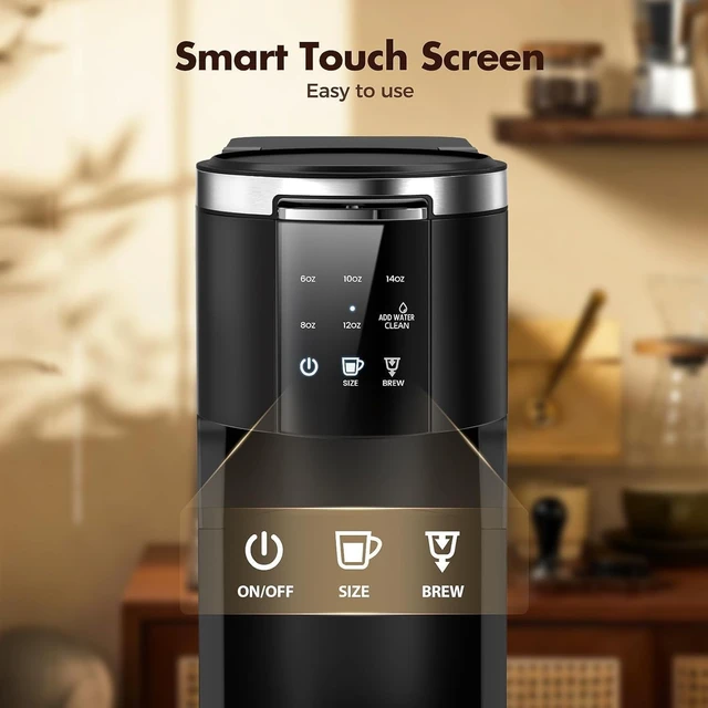 Alt view image 6 of 7 - Kismile Single Serve Coffee Maker, 2-in-1 Coffee Pod & Ground Brewer | 40oz Removable Water Tank, 5 Cup Sizes 6-14oz, Self-Cleaning, LCD Touch, Compact for Home Office Dorm Travel, Black